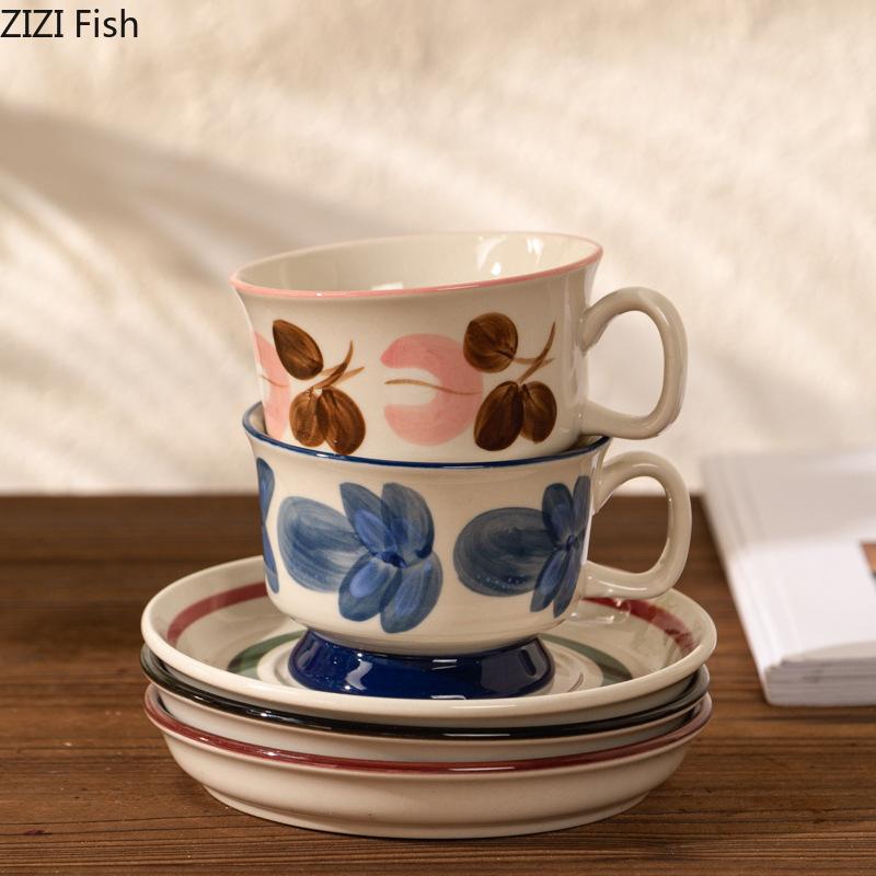 Painted Flowers Pattern Ceramic Cup&saucer Dining Table Gold-plated Coffee Mug Milk Tea Cup Afternoon Tea Teacup Juice Container