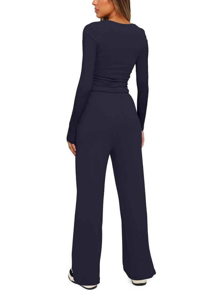 European & American Women's Solid Color Casual Sports Set: Long Sleeve Top & Wide-Leg Pants.