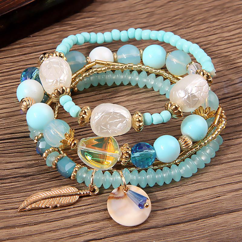 Famous Style Shell Leaf Pendant Mixed and Matched Beads Multi-layer Temperament Women's Bracelet Set