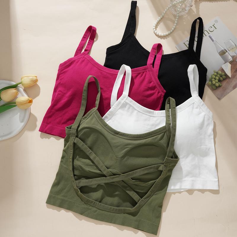 Camisola estilo chica sexy con almohadillas para el pecho para usar en verano, top corto de tubo sin espalda y espalda cruzada para mujer