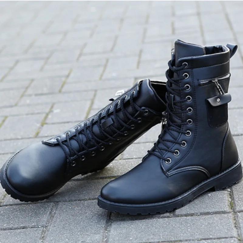Men's Mid-calf Boots Fashion Outdoor Casual Boots Waterproof Leather Boot Plush Warm Winter Boots for Men Motorcycle Boot Botas
