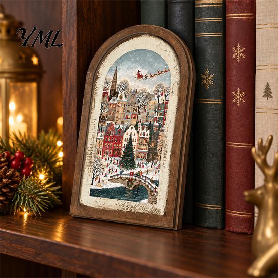 Arte Decorativa da Parete Cornice Portafoto in Legno Arcuata Vintage con Illustrazione Natalizia, Invecchiata Retrò per Decorazione Desktop e Camino,