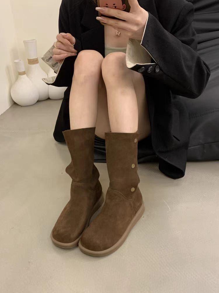 

French platform matte two-wear medium boots women s shoes autumn 2025 new western cowboy boots round head knight boots 35 темно-коричневого