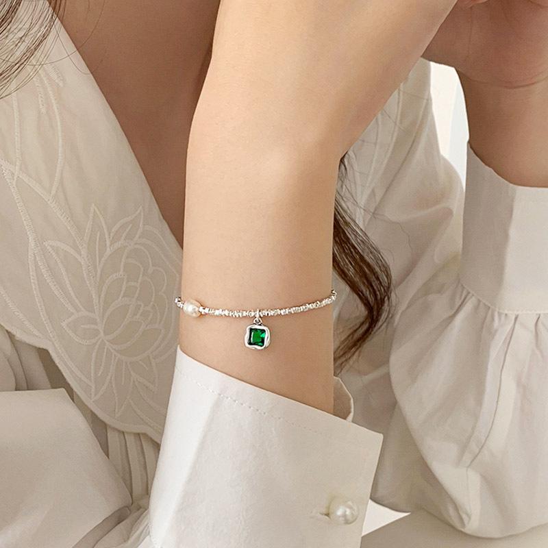 925 Sterling Silver Emerald Square Diamond Clavicle Chain Necklace - Handmade Beaded Jewelry