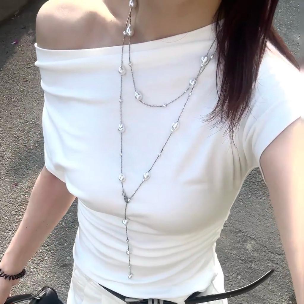 Long Starry Pearl Necklace For Women With Geometric Titanium Chain For Elegant Occasions
