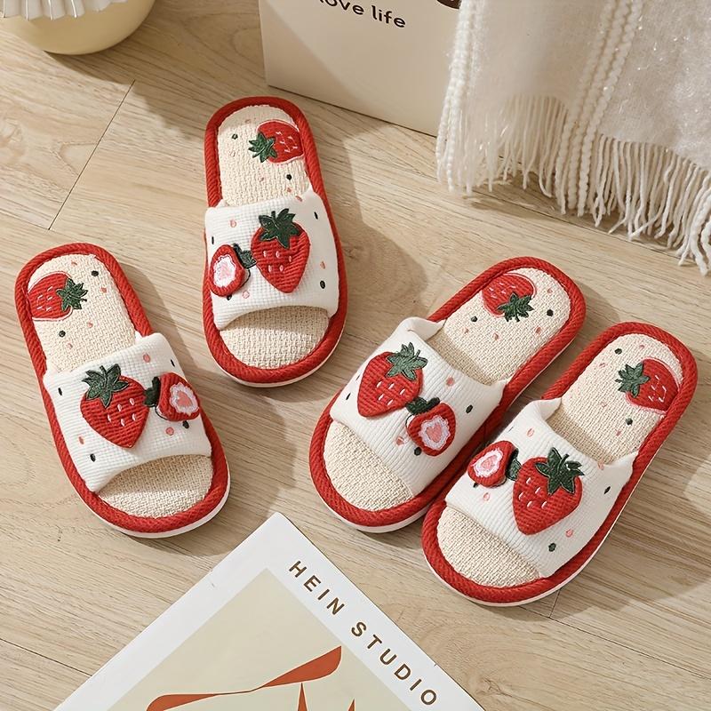 Cute Strawberry Pattern Linen Slippers, Open Toe Breathable Soft Sole Flat Shoes, Comfy Indoor Floor Slippers