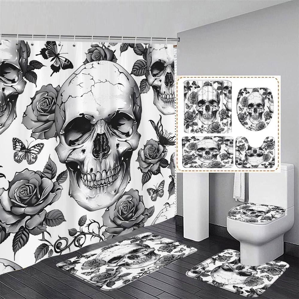 Floral Skull Shower Curtain Set Butterfly Moth Pink Mushroom Flower Skeleton Halloween Home Bathroom Decor Bath Mat Toilet Cover