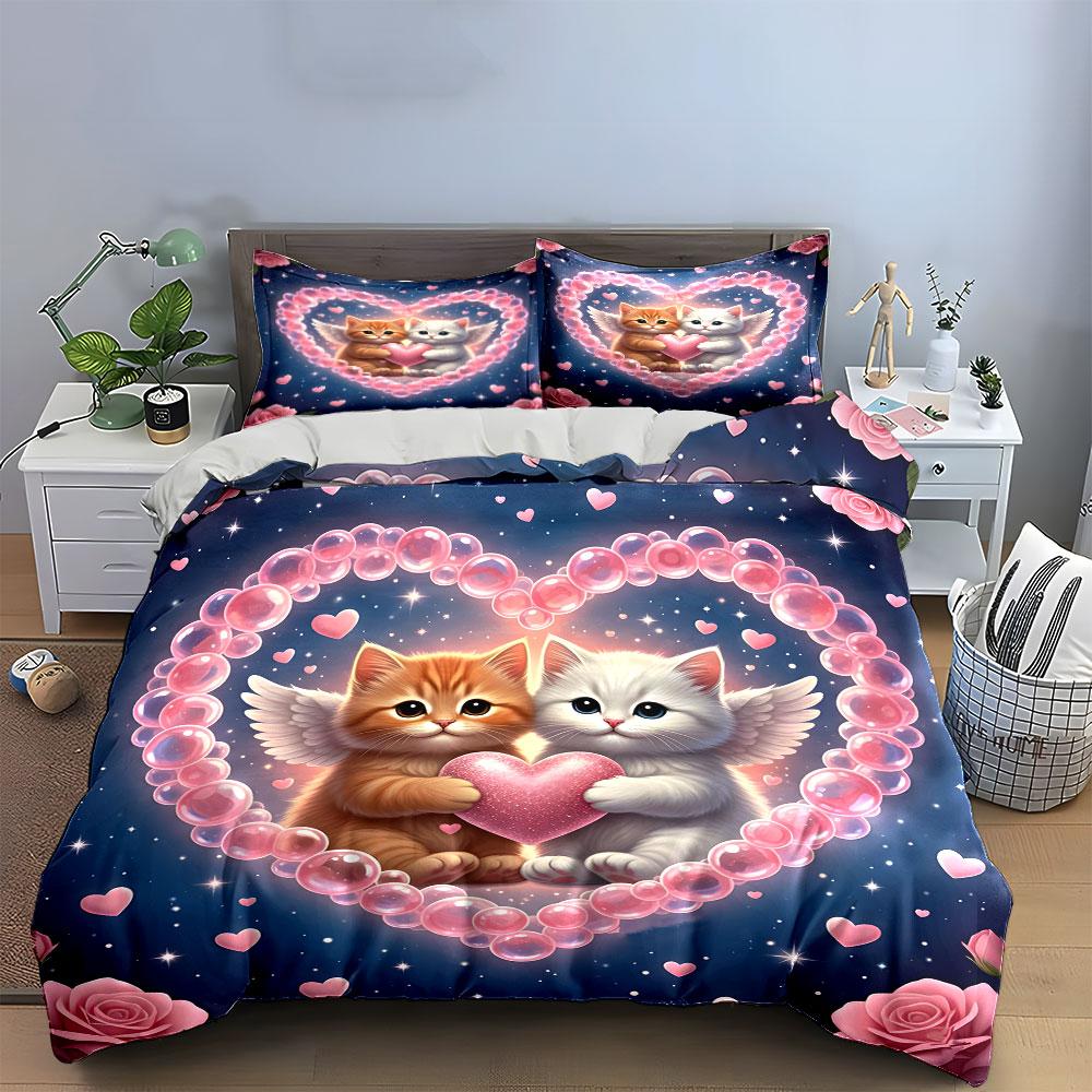 "Angel Cats Heart Bedding Set" Bedding Duvet Cover Set Duvet Cover Pillowcases (1 * Duvet Cover 2 * Pillowcases, Without Duvet Insert)