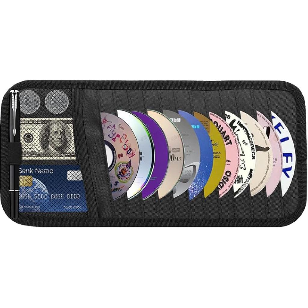 Car CD & DVD Holder - Large Capacity CD Visor Case, Vehicle Visor Storage Organizer With 12 Disc Sleeves, 1 Mesh Pocket 1 Pen Holder And & Elastic