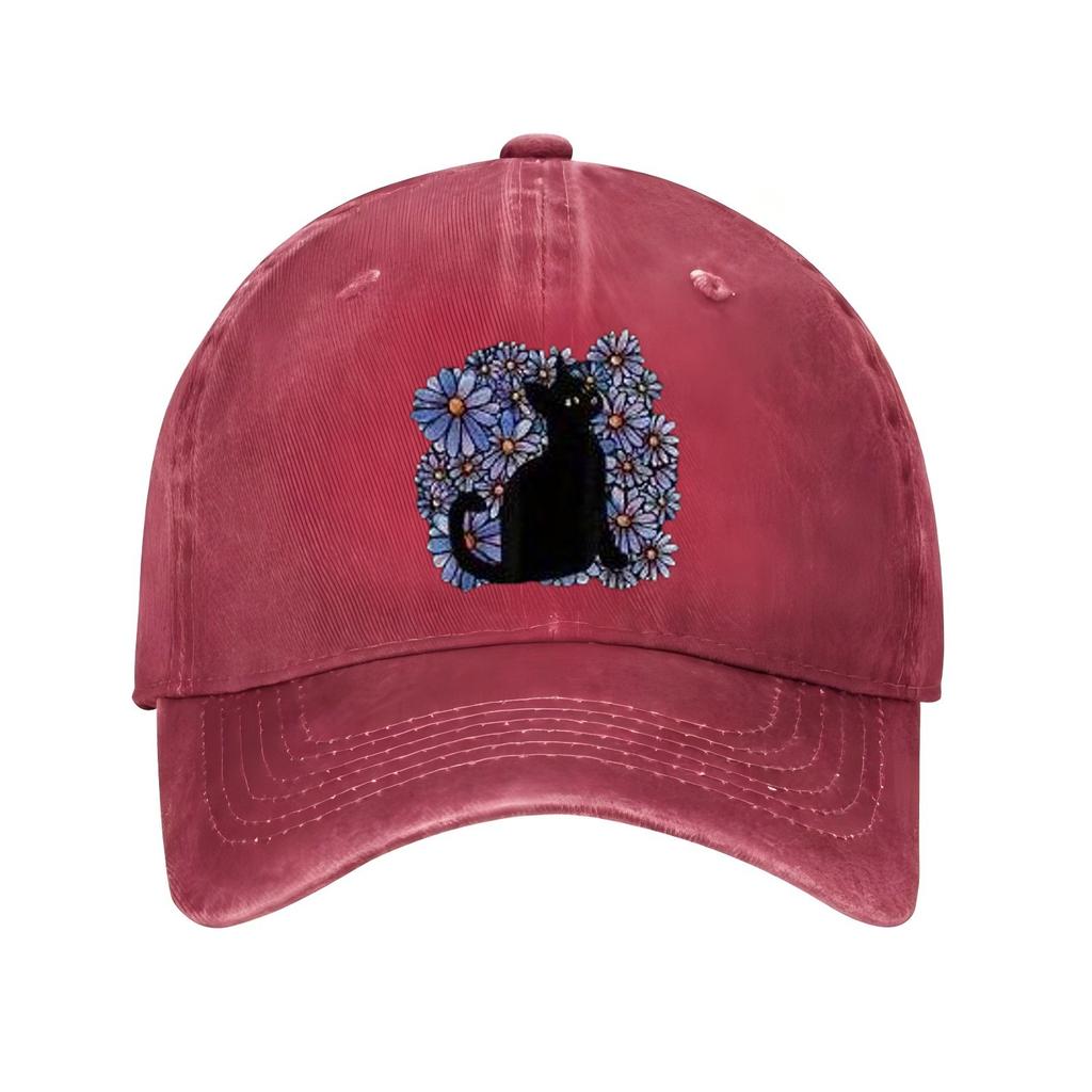 Black Cat Surrounded by Blue Floral Print Baseball Cap Casual Adjustable Polyester Summer Sun Hat Unisex