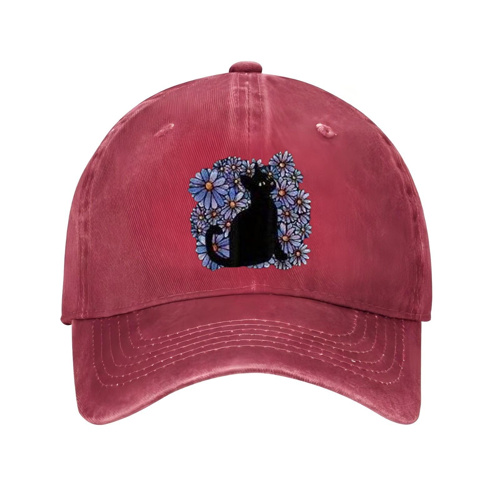Black Cat Surrounded by Blue Floral Print Baseball Cap Casual Adjustable Polyester Summer Sun Hat Unisex One Size