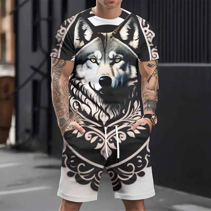 Men's Casual Sports Suit Printed 3D Fierce Wolf Pattern Oversized Loose Men's Top Y2K Style Suit Summer Casual Breathable Suit