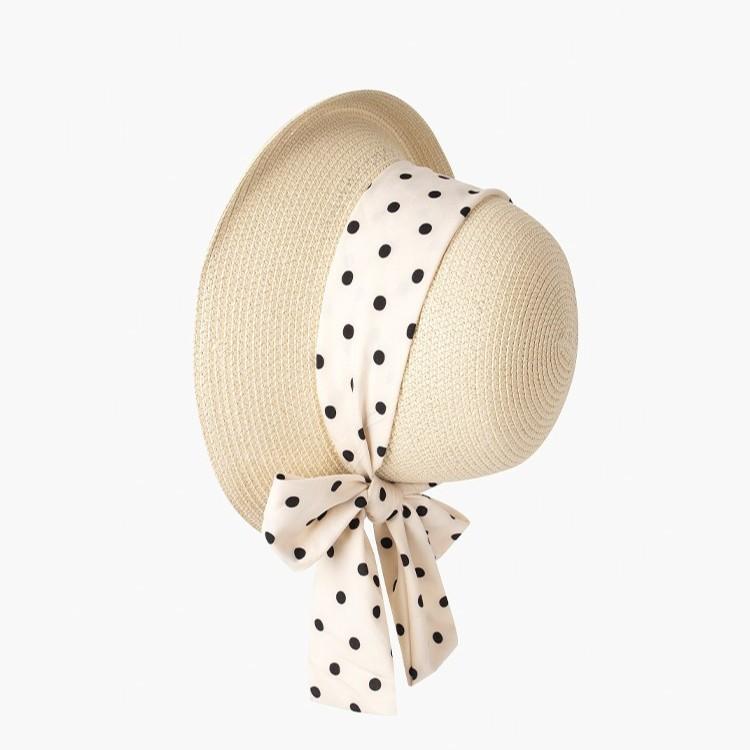 Light luxury vacation elegant polka dot bow straw hat women's sunscreen sun hat straw weaving
