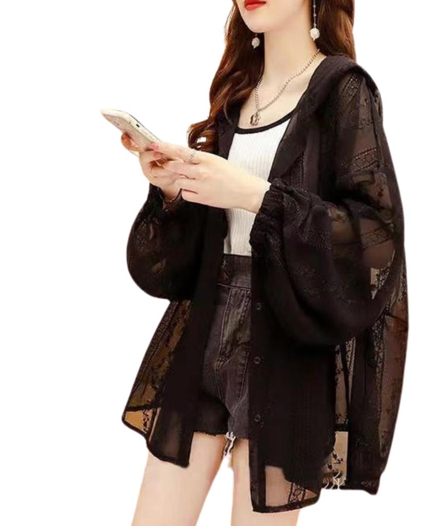 Cute Sheer Top for Summer Sheer Lace Sun UV Loose Flattering [Four leaf] Women, Hoodie, Cardigan, Cooling, Protection, Protection, Fit, (XL, Black)