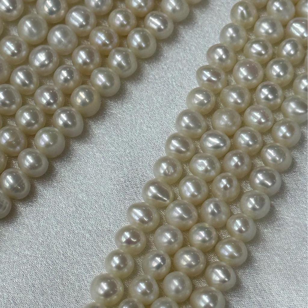 Natural Freshwater Pearl Necklace: 6-7mm White & Translucent Pink Luster, Near Round Potato Shape, Semi-Finished.
