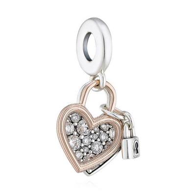 [PANDORA] 780087C01 Heart Padlock Double Two-Tone Rose Pendant and Dangle Charm