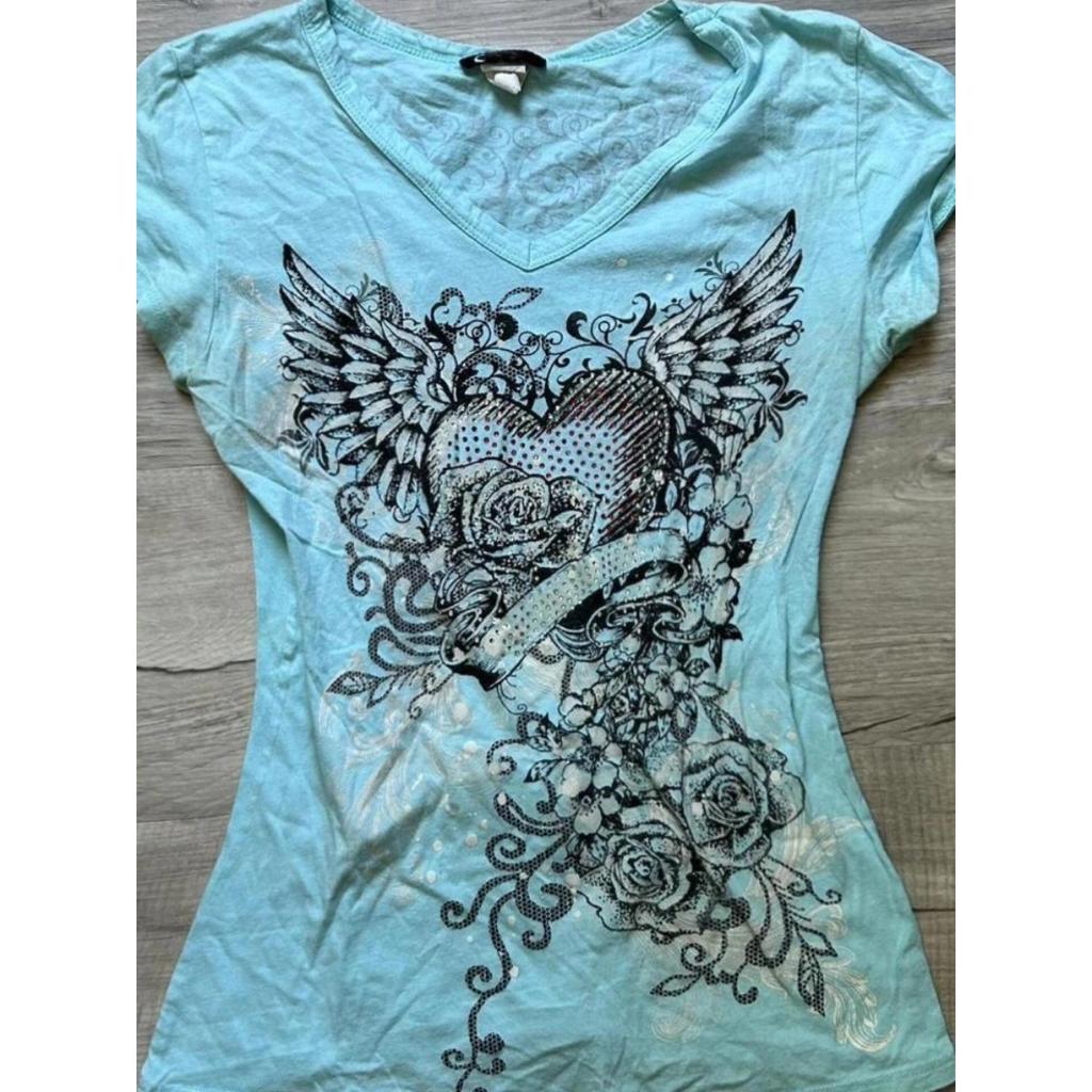 TrendHub Y2k Estetyka Vintage Kwiatowe Skrzydła Nadruk Koszulka Grunge Gotycka Damska Krótki Top Letni Dopasowany Harajuku Dekolt V Koszulka Femme Streetwear