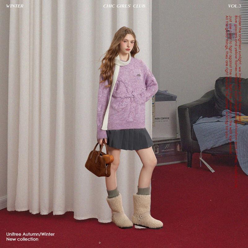 UNIFREE Women's Bow-Knot Cable Knit Pullover Sweater