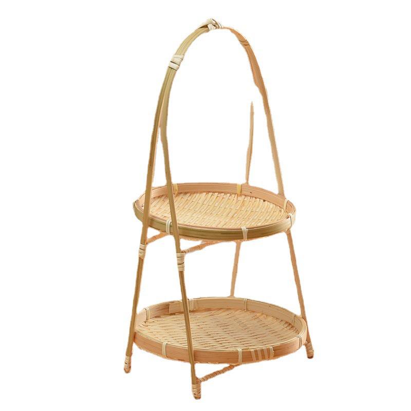 Runde Bambus-Geflochtene Korb mit Griff für Tee, Snacks und Obst - Kreatives Mehrschichtiges Gebäcktablett