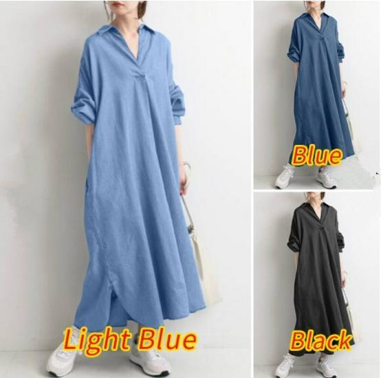 New Arrival: Elegant Retro Button-Down Long Shirt Dress with Full Sleeves and Solid Color