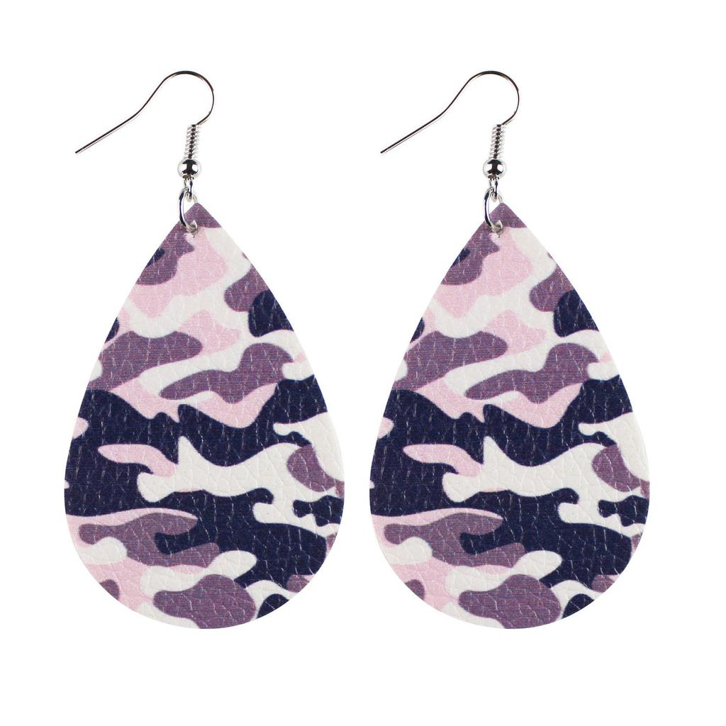 Army Green Camouflage Pu Leather Earrings Water Drop Shape Double-Sided Printing For
