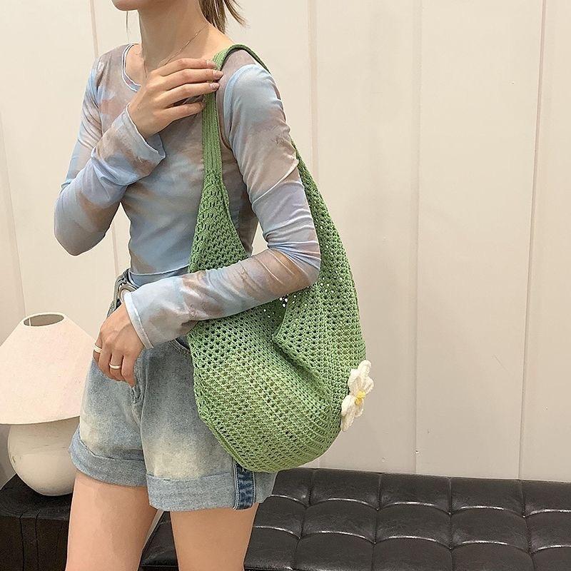 Lazy wind woven tote bag women's spring summer hollow simple knitted bag large capacity seaside vacation shoulder bag