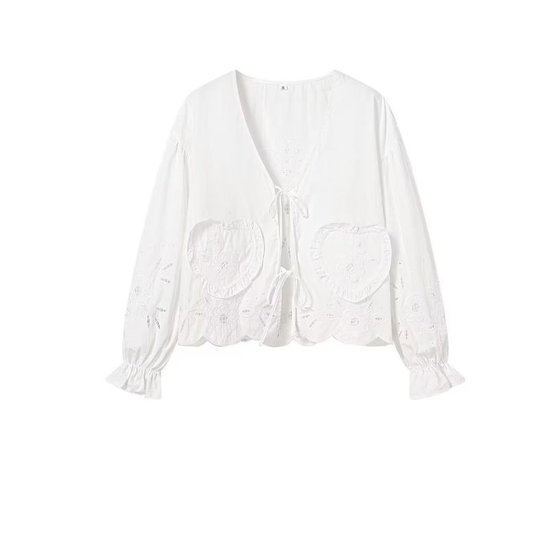 Kaslead New Arrival Women's Clothing Fashion Style Fashion All-Match Cut Out Embroidery Tie-Neck Shirt Tops