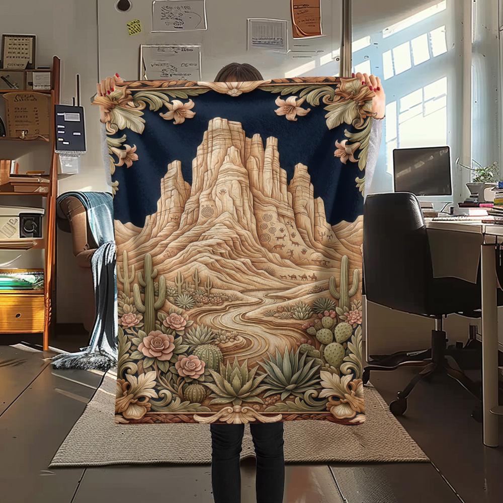 1PC Desert Mountain Print FlAannel Blanket, High Quality Comfortable for All Seasons, Home Decor, Warmth and Comfort