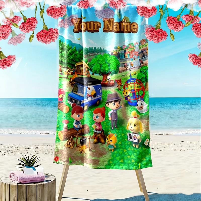 Name Custom Animal Crossing Anime Print Beach Towel, Large Soft Quick Dry Towel for Beach Camping Swimming