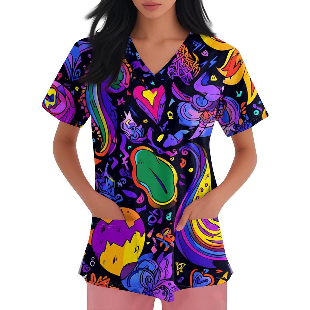 Dámské pracovní oblečení s výstřihem do V a krátkým rukávem s potiskem, s bočními kapsami s rozparky a uniformy