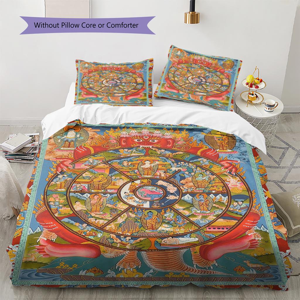 Buddhism Wheel Pattern Bedding Quilt Set Quilt Cover Pillowcase Home Decoration Gift (1 * duvet cover + 2 * pillowcase, without core)