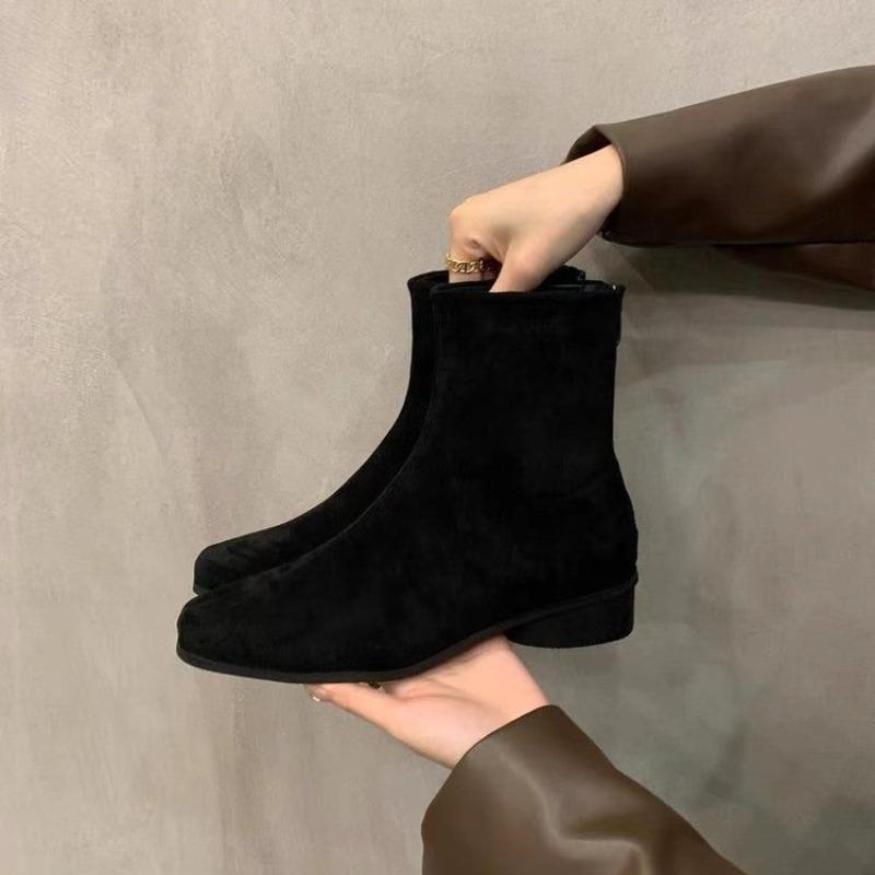 Autumn and Winter New Solid Color Velvet Thin Boots Simple and Versatile Temperament Square Head Short Boots Low Heel Boots Women