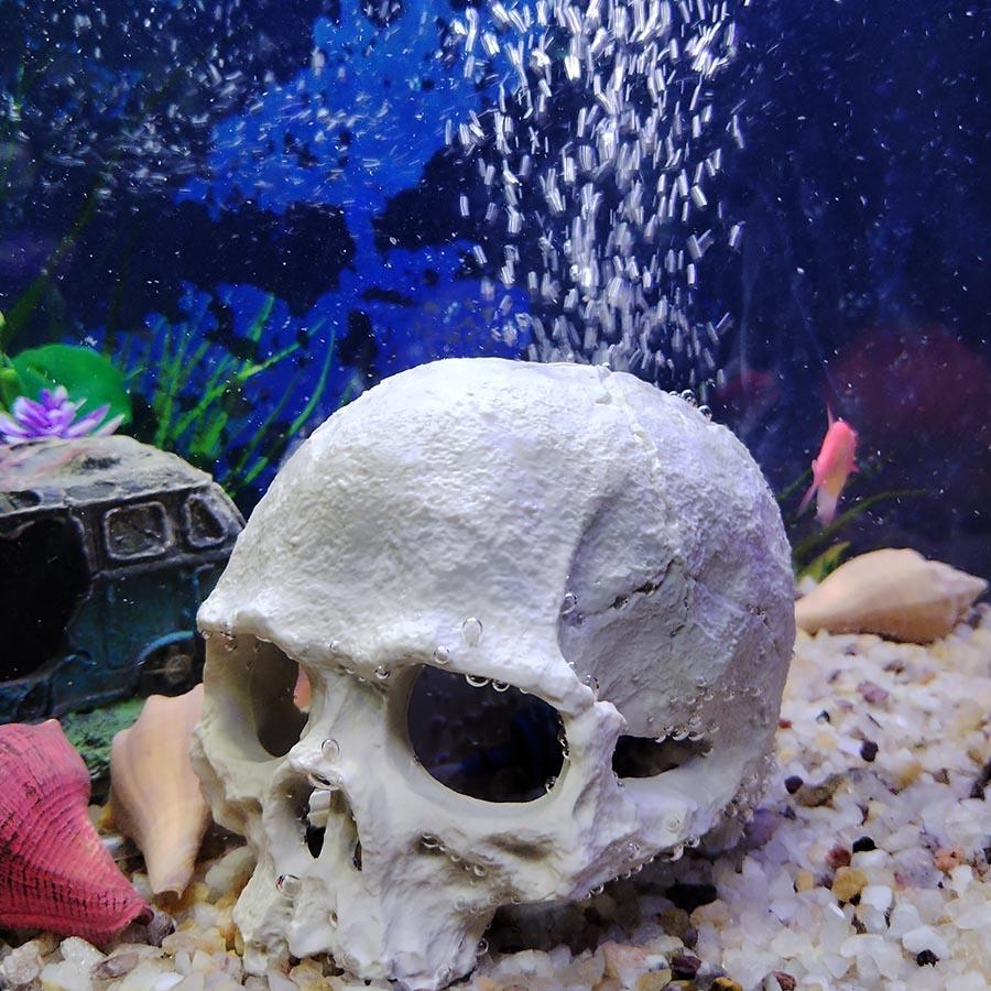 1 Sett Resin Skalle Akvariedekor – Fiske-, Reke- og Reptilavlsgrotte med Innebygd Boblestein for Oksygenering | Halloween Akvariepynt