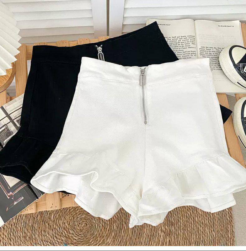 

Милые универсальные джинсовые шорты с высокой посадкой, оборками и молнией, с широкими штанинами XL белый