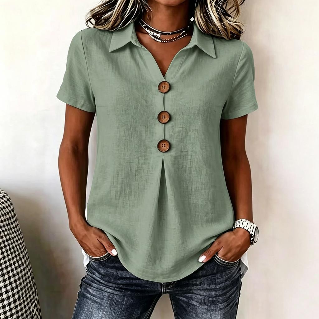 Women's Casual V Neck Button Front Shirt Short Sleeve Collared Blouse Lightweight Loose Fit Summer Top
