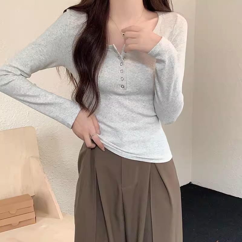 White Half-open Collar Button-down, Long-sleeved T-shirt for Women, Autumn Design, Niche, Non-waist Inner Layering, Bottoming Shirt Top