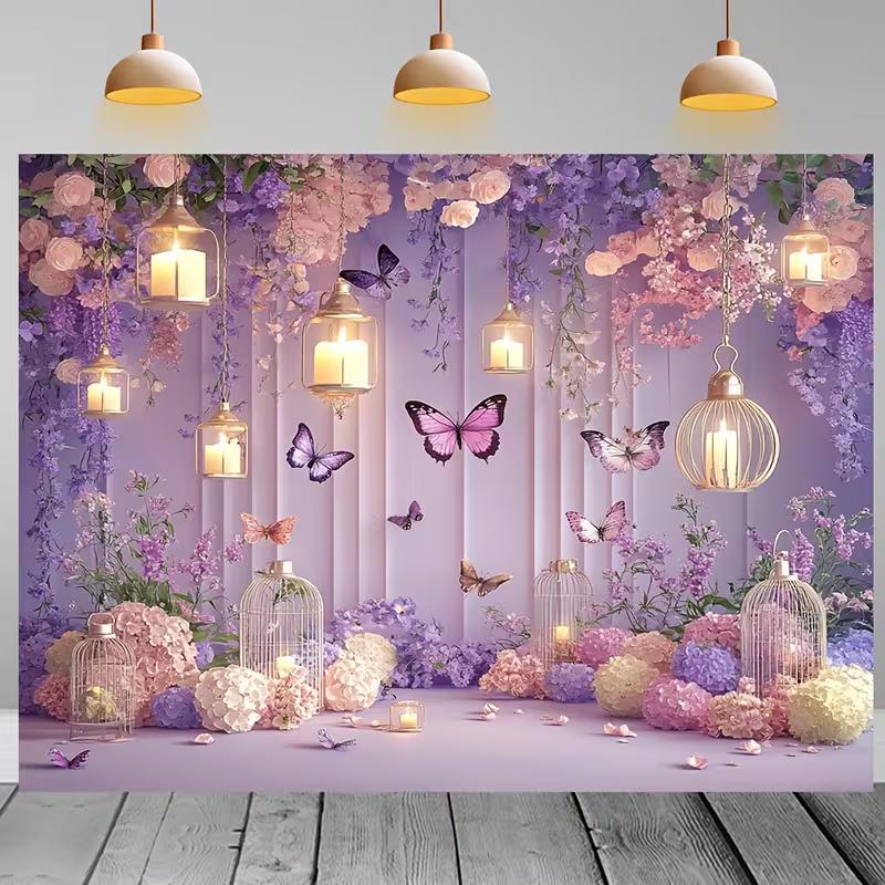 2D Dreamy Purple Floral Backdrop, Lantern & Hydrangea Banner, Girls Birthday Party Decor