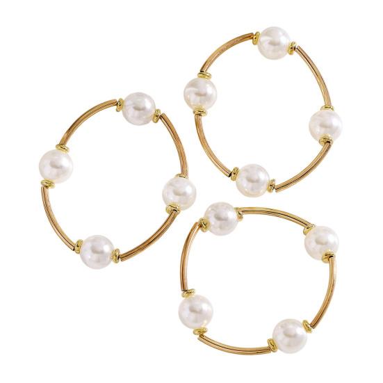 

3Pcs Women Bracelet Adjustable Opening Design Imitation Pearl Stacking Bracelet Anti-Fading Alloy Versatile Jewelry Gift B