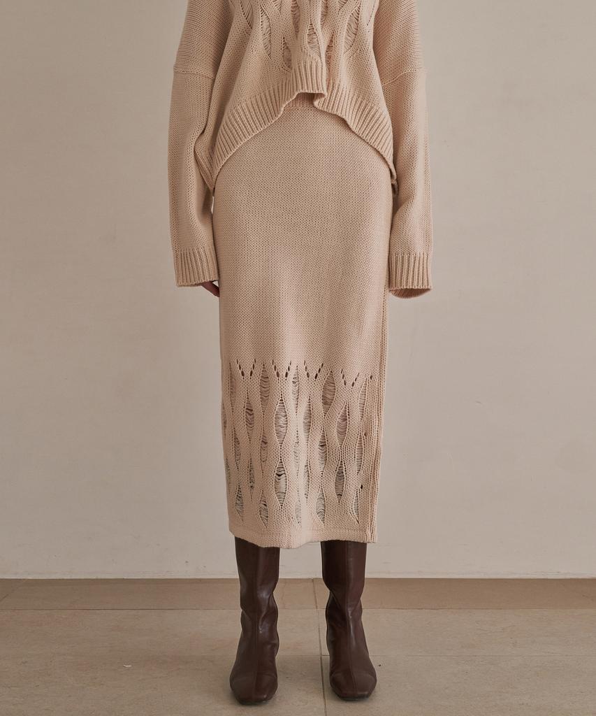 Adowl Netting H-Line Knit Skirt - Beige