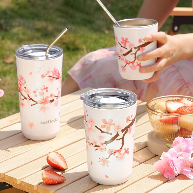 Thermal Mug Stainless Steel Protable Sakura Vacuum Flask Insulated Water Cup with Lid Travel Water Iced Bottle Kitchen Tools