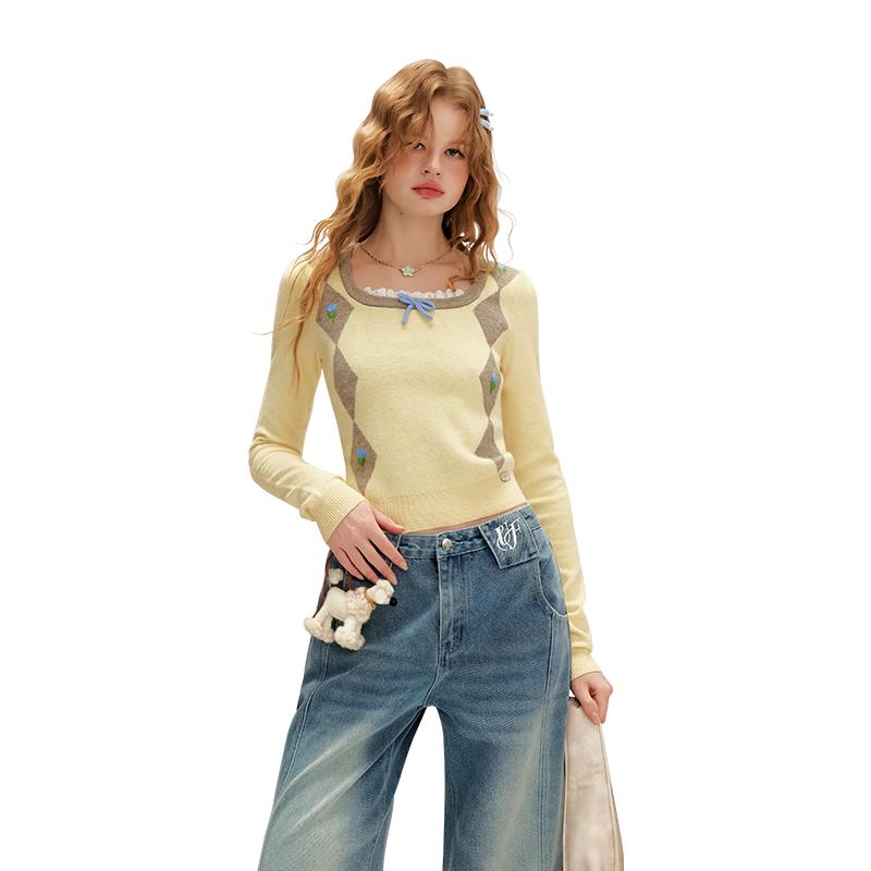 

UNIFREE Argyle Color-Block Square Neck Knit Top M