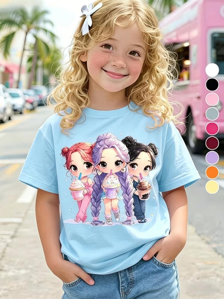 Children's Kpop Popular Cartoon Print T-Shirt Tops Clothing Design Casual Harajuku Style Round Neck Short Sleeve Girl Clothing