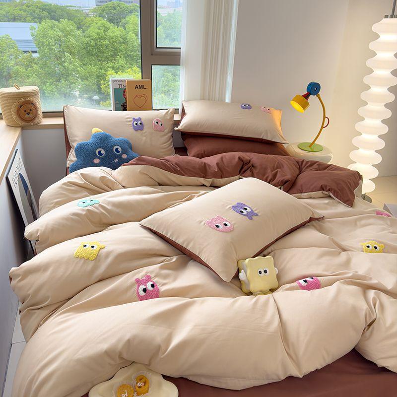Gu Ling Wei Washed Cotton Four-piece Set Cartoon Dopamine Quilt Cover Sheet Dormitory Three-piece Set