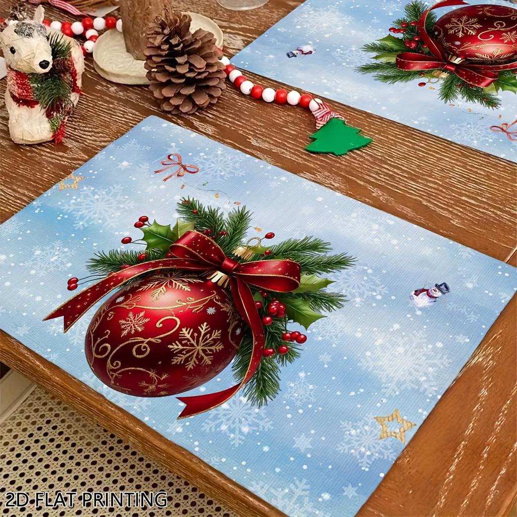 4pc Christmas Ball Printed Placemat Waterproof Anti Hot Holly Berry Pattern Placemat Holiday Decoration