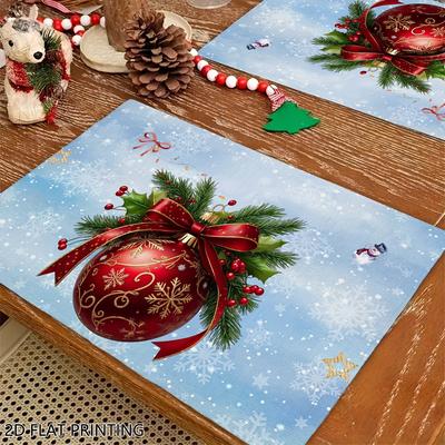 4pc Christmas Ball Printed Placemat Waterproof Anti Hot Holly Berry Pattern Placemat Holiday Decoration