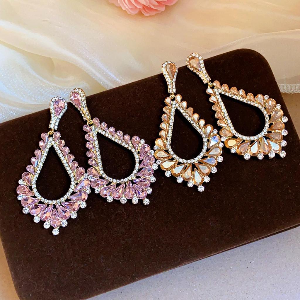 Rhinestone Teardrop Hollow Earrings with Silver Needle - Luxurious, High-End Court Style