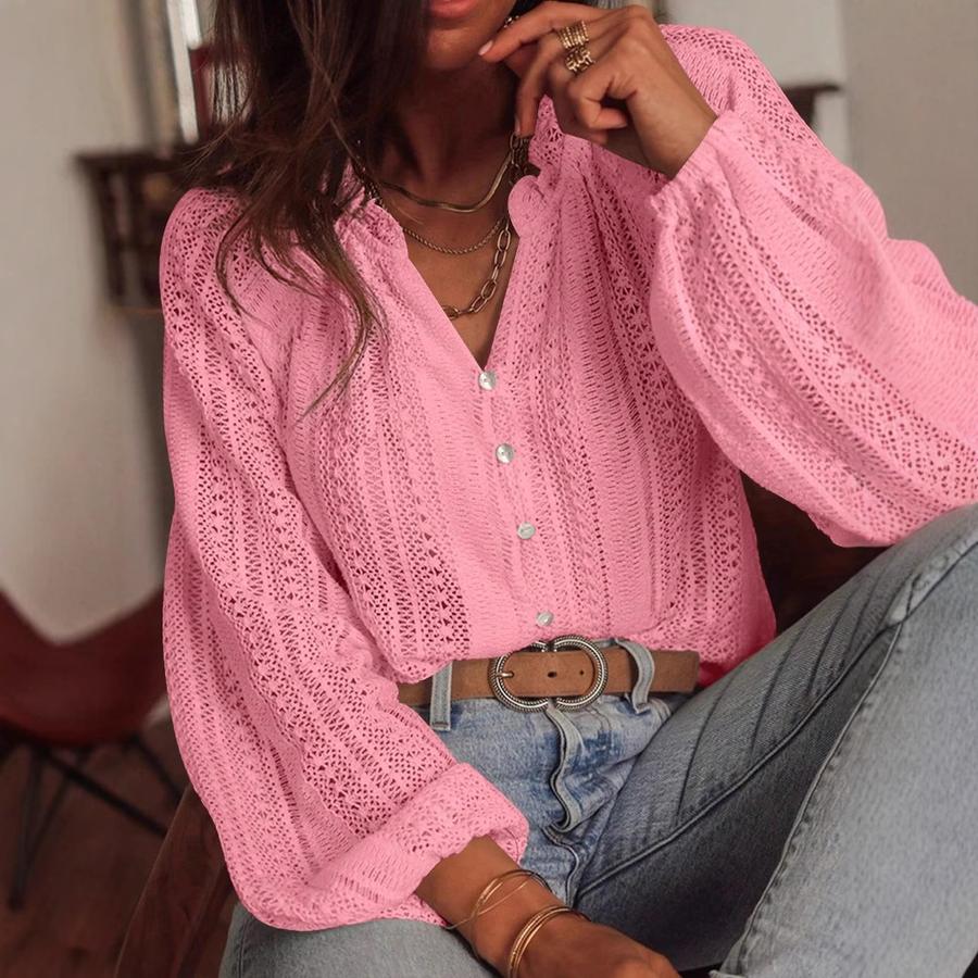 Spring New Loose Fashion Versatile Hollow Lace V-Neck One-Button Pleated Long Sleeve Shirt