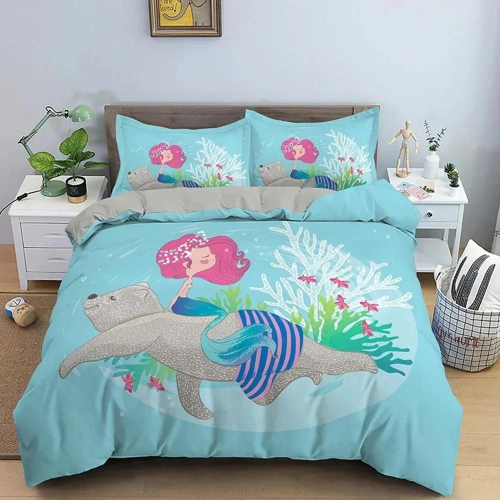 Cartoon Mermaid Pattern Duvet Cover Set Children Bedroom Decor Mermaid Bedding Set For Kids Single Twin Double Size Kids Gifts