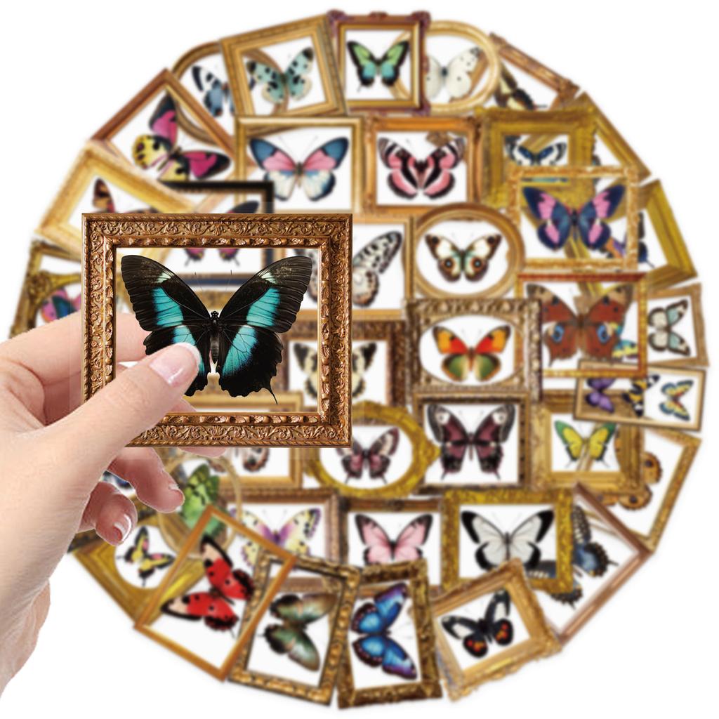 52 Retro Butterfly Stickers Pack Waterproof Transparent PET Hand Account Butterfly Material Decorative Guitar Notebook