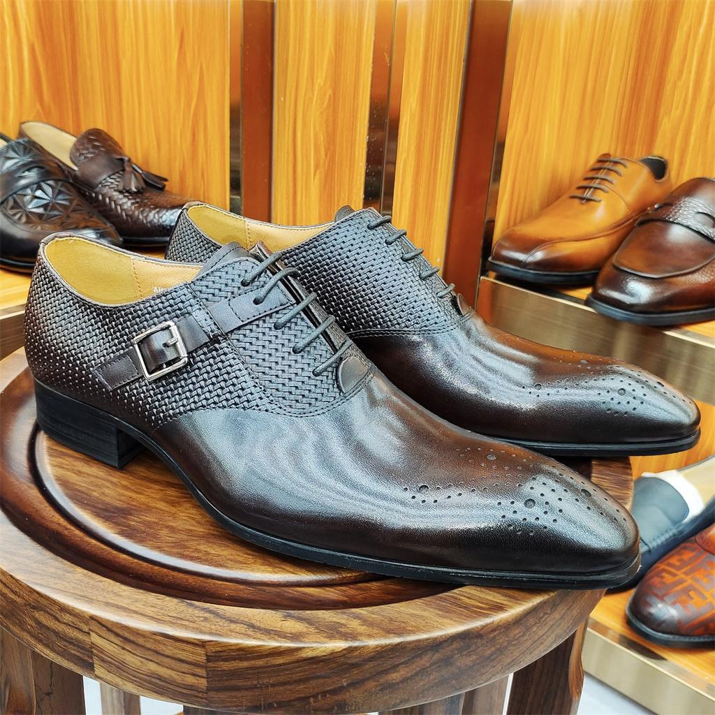 Fashion Luxury Mens Business Genuine Leather Oxfords Fashion Wedding Shoes Lace-up Pointed Toe Black Coffee Brogues Dress Shoes